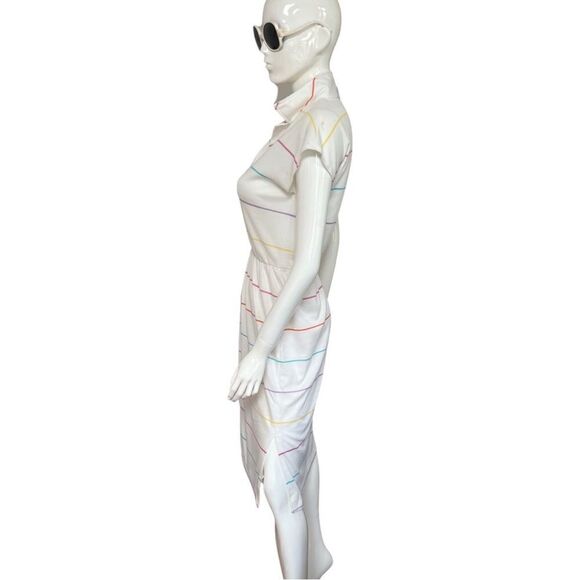 Vintage 1970s Handmade One of a Kind Rainbow Stripe Cinch Waist Polo Midi Dress - Picture 3 of 15